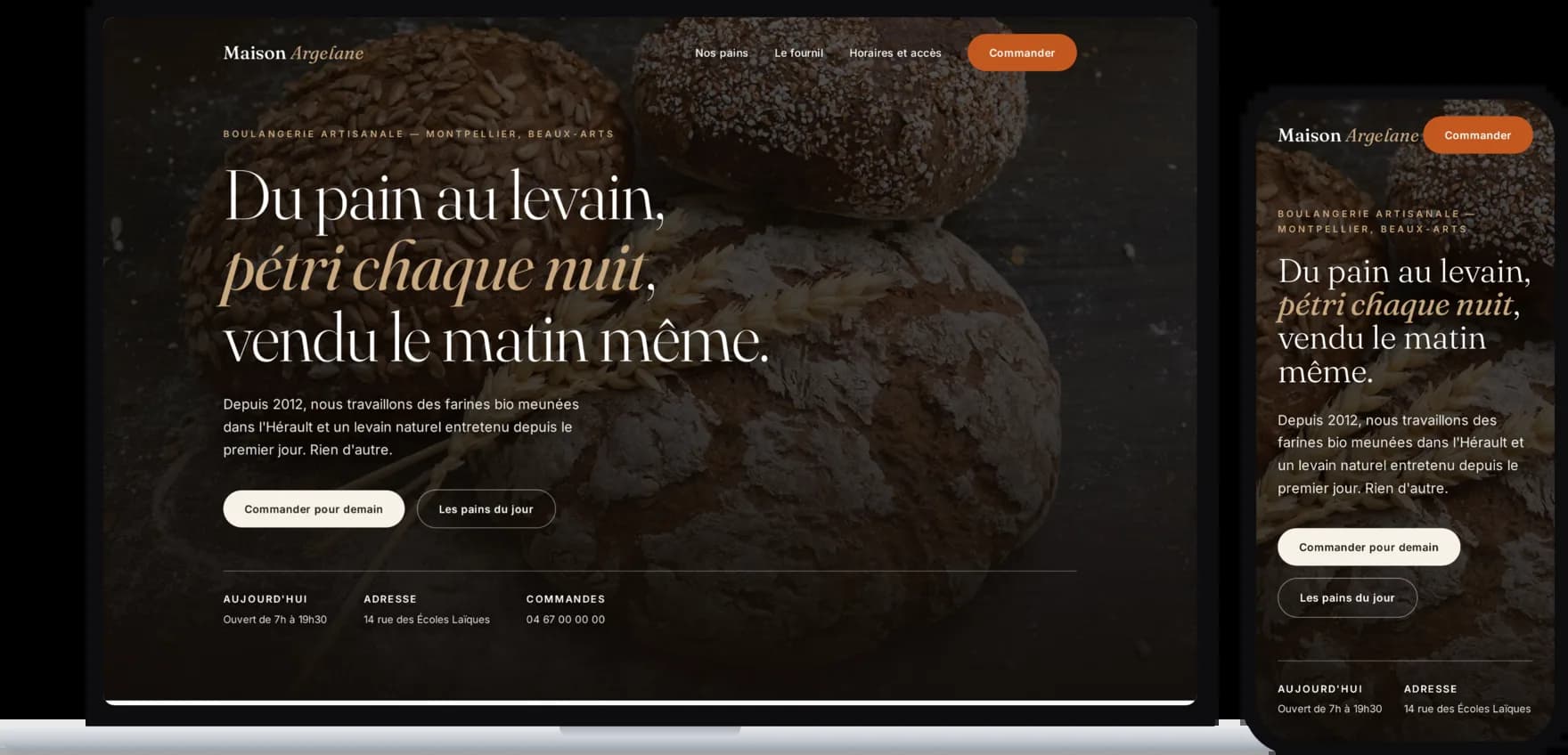 Maquette de page d'accueil pour une boulangerie artisanale à Montpellier, vue sur ordinateur portable et sur téléphone