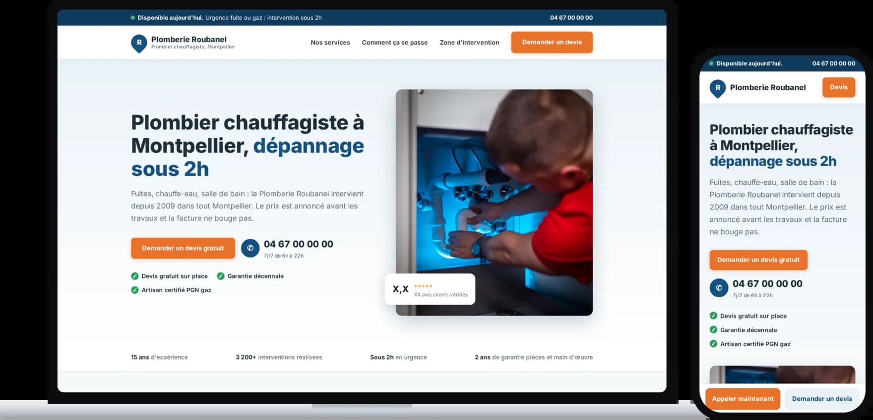 Maquette de page d'accueil pour un plombier chauffagiste à Montpellier, vue sur ordinateur portable et sur téléphone